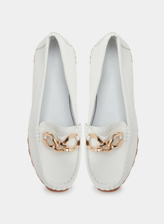 Take Two  White Leather Loafers with Gold Buckle for Women | Best Price UAE